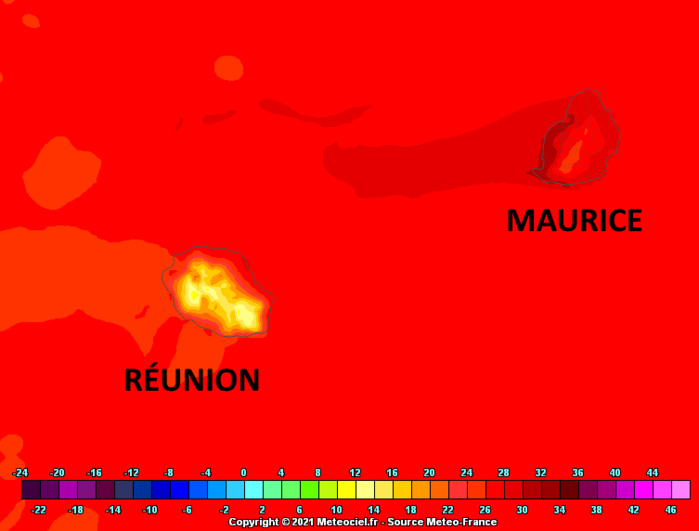 A la mi-journée de Samedi et en début d'après-midi les thermomètres des côtes Ouest et Sud-Ouest de MAURICE devraient souvent afficher plus de 31°Celsius. Ceux de la RÉUNION devraient afficher des valeurs sensiblement inférieures en raison d'un ensoleillement plus contrarié. Arome. MFRANCE.MCIEL.