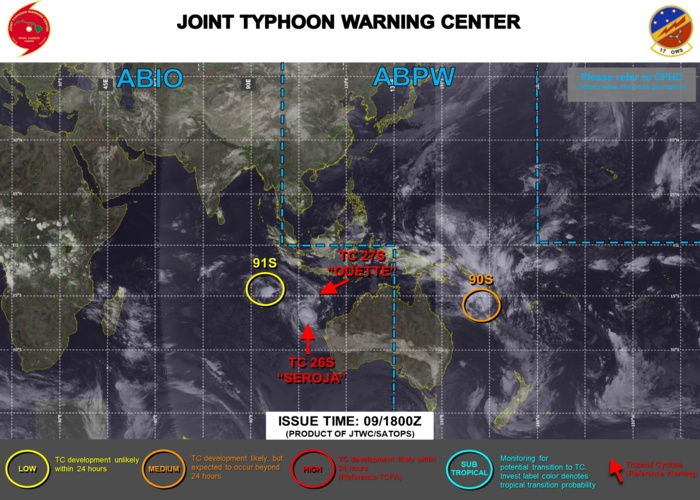 10/03UTC. THE JTWC IS ISSUING 6HOURLY WARNINGS ON TC 26S(SEROJA) AND TC 27S(ODETTE). INVEST 92P WAS UP-GRADED TO MEDIUM AT 09/1930UTC(MODERATE CHANCES OF REACHING 35KNOTS WITHIN 24H). 3 HOURLY SATELLITE BULLETINS ARE ISSUED FOR THE 4 SYSTEMS.