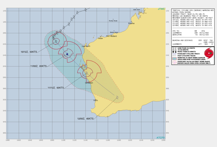 26S(SEROJA). WARNING 25 IUSSED AT 10/15UTC. TC 26S LIES IN AN OVERALL FAVORABLE ENVIRONMENT, WITH MODERATE (15-20  KT) VERTICAL WIND SHEAR, ROBUST POLEWARD OUTFLOW AND WARM (27-28C) SSTS. TC 26S HAS  ROUNDED THE STR AXIS AND IS NOW ESTABLISHED ON A SOUTHEASTWARD  TRACK. THE SYSTEM IS EXPECTED TO CONTINUE ACCELERATING SOUTHEASTWARD  THROUGH THE DURATION OF THE FORECAST PERIOD. A SHORT PERIOD OF  INTENSIFICATION IS FORECAST OVER THE NEXT 12 HOURS AS THE SYSTEM  MOVES INTO A MORE FAVORABLE SHEAR ENVIRONMENT. THEREAFTER, RAPIDLY  INCREASING SHEAR AND TERRAIN INTERACTION WILL COLLUDE TO RAPIDLY  WEAKEN TC 26S. THE SYSTEM IS EXPECTED TO BEGIN EXTRA-TROPICAL  TRANSITION AS IT MAKES LANDFALL AT OR JUST AFTER 24H AS IT BEGINS  TO INTERACT WITH THE BAROCLINIC ZONE AND MOVES UNDER THE STRONG  WESTERLY FLOW ALOFT. AS THE SYSTEM CONTINUES MOVING OVER SOUTHWEST  AUSTRALIA, IT IS EXPECTED TO FULLY TRANSITION TO A STRONG EXTRA- TROPICAL CYCLONE BY 36H.