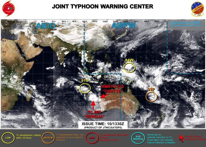 THE JTWC IS ISSUING 6HOURLY WARNINGS ON TC 26S(SEROJA). FINAL WARNING WAS ISSUED AT 10/09UTC ON TC 27S(ODETTE). 3HOURLY SATELLITE BULLETINS ARE ISSUED FOR 26S,27S,92P,91S. INVEST 94W IS NOW ON THE MAP WITH LOW CHANCES OF REACHING 25KNOTS WITHIN 24HOURS. THE JTWC IS ISSUING 6HOURLY WARNINGS ON TC 26S(SEROJA). FINAL WARNING WAS ISSUED AT 10/09UTC ON TC 27S(ODETTE). 3HOURLY SATELLITE BULLETINS ARE ISSUED FOR 26S,27S,92P,91S. INVEST 94W IS NOW ON THE MAP WITH LOW CHANCES OF REACHING 25KNOTS WITHIN 24HOURS.