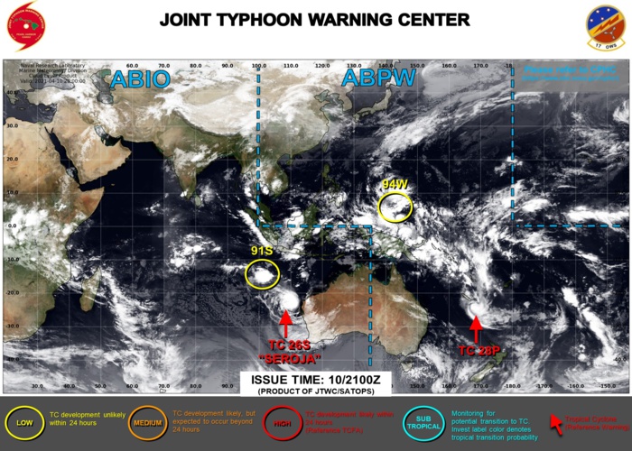 11/03UTC. THE JTWC IS ISSUING 6HOURLY WARNINGS ON TC 26S(SEROJA) AND TC 28P. 3HOURLY SATELLITE BULLETINS ARE ISSUED FOR 26S,28P AND 91S.
