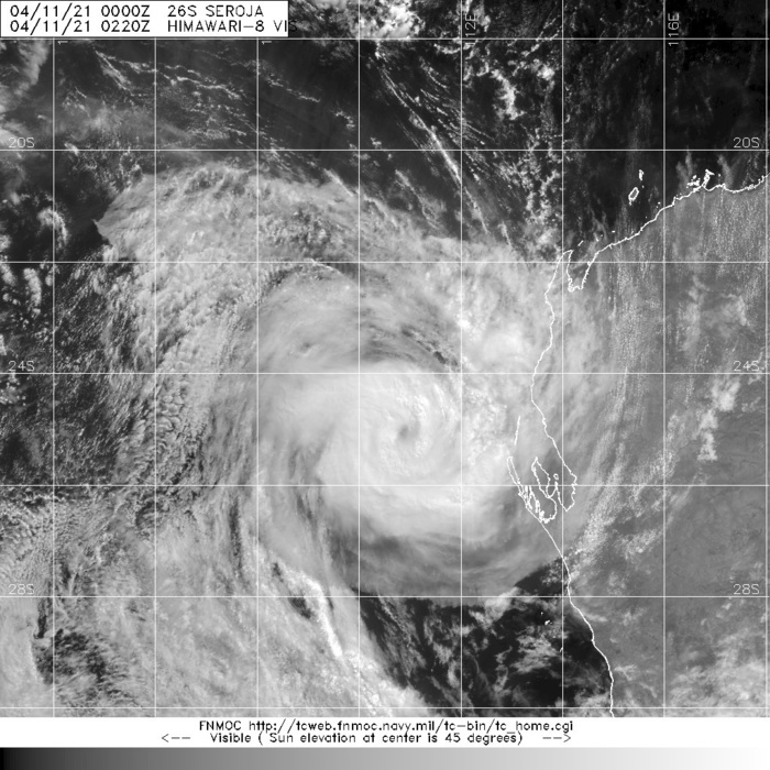 26S(SEROJA). 11/0220UTC. ANIMATED  MULTISPECTRAL SATELLITE IMAGERY DEPICTS TIGHTLY-CURVED BANDING  WRAPPING AROUND A WEAK, FORMATIVE EYE. A 102111Z SSMIS 91GHZ  MICROWAVE IMAGE REVEALS A COMPACT SYSTEM WITH DEEP CONVECTIVE  BANDING PRIMARILY OVER THE SOUTHERN SEMICIRCLE WRAPPING INTO THE  NORTH QUADRANT. 26S(SEROJA). 11/0220UTC. ANIMATED  MULTISPECTRAL SATELLITE IMAGERY DEPICTS TIGHTLY-CURVED BANDING  WRAPPING AROUND A WEAK, FORMATIVE EYE. A 102111Z SSMIS 91GHZ  MICROWAVE IMAGE REVEALS A COMPACT SYSTEM WITH DEEP CONVECTIVE  BANDING PRIMARILY OVER THE SOUTHERN SEMICIRCLE WRAPPING INTO THE  NORTH QUADRANT.