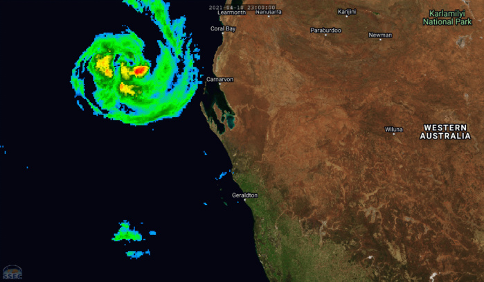 11/08UTC. 9H LOOP. 26S(SAROJA) IS RAPIDLY APPROACHING THE WESTERN AUSTRALIAN COASTLINE. IF NEEDED CLICK TO ANIMATE.