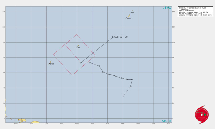 13/0330UTC. TROPICAL CYCLONE FORMATION ALERT(TCFA).SYSTEM'S INTENSITY IS LIKELY TO REACH 25KNOTS WITHIN THE NEXT 24H.