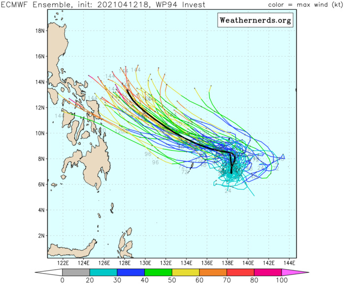 INVEST 94W. GLOBAL MODELS ARE IN AGREEMENT THAT  INVEST 94W WILL CONTINUE TO TRACK NORTHWESTWARD, CONSOLIDATE AND  STRENGTHEN FOR THE NEXT 48-96 HOURS. MODEL ENSEMBLE: ECMWF