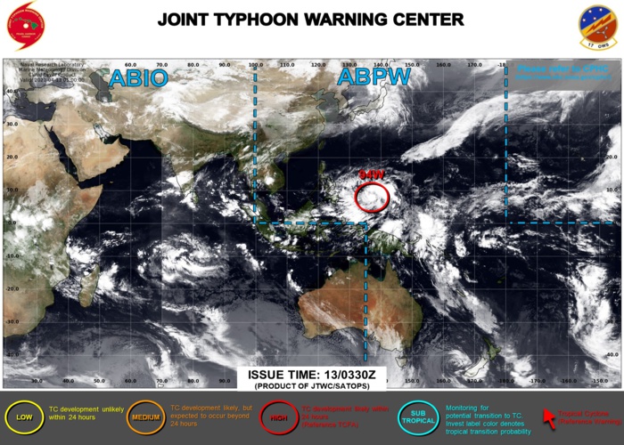 13/03UTC. INVEST 94W REMAINS HIGH FOR THE NEXT 24H. 3HOURLY SATELLITE BULLETINS ARE ISSUED ON THE SYSTEM BY THE JTWC.