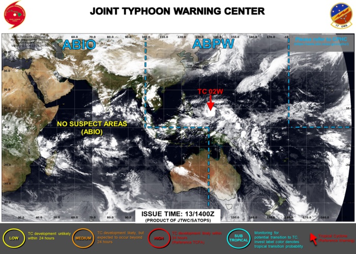 13/15UTC. INVEST 94W HAS REACHED 25KNOTS AND IS NOW TD 02W . JTWC IS ISSUING 6HOURLY WARNINGS ALONG WITH 3HOURLY SATELLITE BULLETINS ON TD 02W.