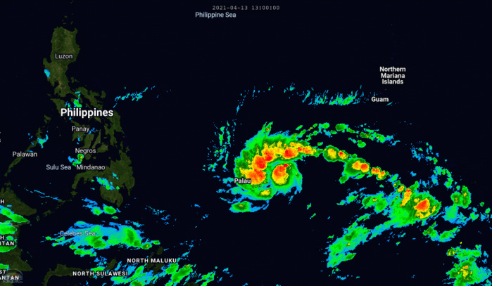 02W(SURIGAE). 14/01UTC. 12H LOOP. ANIMATED MULTISPECTRAL SATELLITE IMAGERY SHOWS A  PARTIALY EXPOSED LOW LEVEL CIRCULATION CENTER, WITH THE DEEPEST  CONVECTIVE BANDING BUILDING TO THE WEST AND NORTH OF THE CENTER.