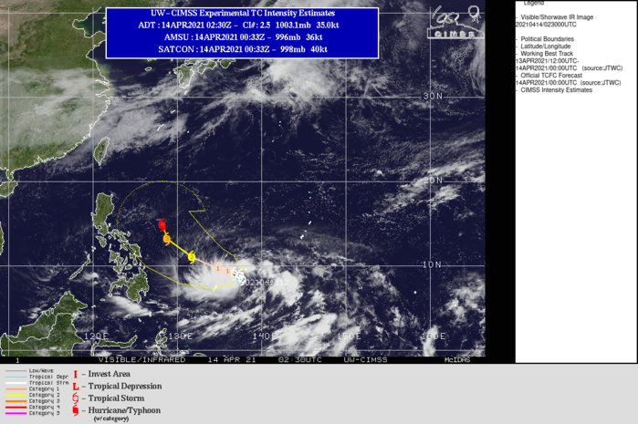 02W(SURIGAE). WARNING 3 ISSUED AT 14/03UTC. ANALYSIS INDICATES A FAVORABLE ENVIRONMENT WITH POLEWARD AND EQUATORWARD OUTFLOW CHANNELS, LOW (10- 20 KNOTS) VERTICAL WIND SHEAR, AND VERY WARM (29-30 DEGREES CELSIUS) SEA SURFACE TEMPERATURES IN THE PHILIPPINE SEA. THE CYCLONE IS TRACKING ALONG THE SOUTHWEST PERIPHERY OF A SUBTROPICAL RIDGE EXTENSION LOCATED TO THE NORTHEAST. TS 02W WILL TRACK SLOWLY NORTHWARD THEN NORTHWESTWARD OVER THE NEXT 72 HOURS AS THE AFOREMENTIONED SUBTROPICAL RIDGE (STR) REORIENTS. THE AFOREMENTIONED FAVORABLE ENVIRONMENT WILL MAINTAIN AND PROMOTE STEADY INTENSIFICATION TO 85 KNOTS/CAT 2 BY 72H. THERE IS A POSSIBILITY OF INDUCED PRESSURE THAT MAY DAMPEN CONVECTION TO THE EAST OF THE LLCC IN THE UPPER LEVELS. AFTER 72H, TS 02W WILL CONTINUE NORTHWESTWARD TOWARD THE BREAK IN THE RIDGE FORMED BY A MIDLATITUDE TROUGH DIGGING IN FROM EASTERN ASIA THAT WILL BREAK THE AFOREMENTIONED STR. AFTER THE STR BREAKS, TS 02W WILL TRACK ALONG THE WESTERN PERIPHERY OF THE STR FEATURE POSITIONED TO ITS EAST, DRIVING IT FURTHER NORTHWESTWARD UNTIL REACHING THE STR AXIS AROUND 120H. CONTINUED INTENSIFICATION IS EXPECTED AS THE FAVORABLE CONDITIONS ARE FURTHER ENHANCED BY INCREASED POLEWARD OUTFLOW. BY 120H, TS 02W IS EXPECTED TO REACH 115 KNOTS/CAT 4. 02W(SURIGAE). WARNING 3 ISSUED AT 14/03UTC. ANALYSIS INDICATES A FAVORABLE ENVIRONMENT WITH POLEWARD AND EQUATORWARD OUTFLOW CHANNELS, LOW (10- 20 KNOTS) VERTICAL WIND SHEAR, AND VERY WARM (29-30 DEGREES CELSIUS) SEA SURFACE TEMPERATURES IN THE PHILIPPINE SEA. THE CYCLONE IS TRACKING ALONG THE SOUTHWEST PERIPHERY OF A SUBTROPICAL RIDGE EXTENSION LOCATED TO THE NORTHEAST. TS 02W WILL TRACK SLOWLY NORTHWARD THEN NORTHWESTWARD OVER THE NEXT 72 HOURS AS THE AFOREMENTIONED SUBTROPICAL RIDGE (STR) REORIENTS. THE AFOREMENTIONED FAVORABLE ENVIRONMENT WILL MAINTAIN AND PROMOTE STEADY INTENSIFICATION TO 85 KNOTS/CAT 2 BY 72H. THERE IS A POSSIBILITY OF INDUCED PRESSURE THAT MAY DAMPEN CONVECTION TO THE EAST OF THE LLCC IN THE UPPER LEVELS. AFTER 72H, TS 02W WILL CONTINUE NORTHWESTWARD TOWARD THE BREAK IN THE RIDGE FORMED BY A MIDLATITUDE TROUGH DIGGING IN FROM EASTERN ASIA THAT WILL BREAK THE AFOREMENTIONED STR. AFTER THE STR BREAKS, TS 02W WILL TRACK ALONG THE WESTERN PERIPHERY OF THE STR FEATURE POSITIONED TO ITS EAST, DRIVING IT FURTHER NORTHWESTWARD UNTIL REACHING THE STR AXIS AROUND 120H. CONTINUED INTENSIFICATION IS EXPECTED AS THE FAVORABLE CONDITIONS ARE FURTHER ENHANCED BY INCREASED POLEWARD OUTFLOW. BY 120H, TS 02W IS EXPECTED TO REACH 115 KNOTS/CAT 4.