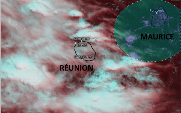 Météosat-8 à 11h45. MAURICE est en marge de l'instabilité. Le ciel de la RÉUNION est nettement plus encombré à tous les étages: les nuages de haute altitude étant secondés par des entrées maritimes pluvieuses sur la façade orientale alors que l'évolution diurne est susceptible de donner quelques bonnes averses sur les pentes Ouest et Sud ce Mercredi après-midi. Eumetsat. WUS/PH.