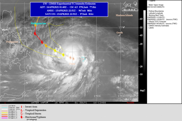 02W(SURIGAE). WARNING 11 ISSUED AT 16/03UTC. ENVIRONMENTAL ANALYSIS INDICATES A FAVORABLE ENVIRONMENT FOR FURTHER INTENSIFICATION WITH LOW VERTICAL  WIND SHEAR, AND WARM (29-30C) SEA SURFACE TEMPERATURES (SST)  IN THE PHILIPPINE SEA. TY 02W IS CURRENTLY TRACKING ALONG THE  SOUTHERN PERIPHERY OF AN EXTENSION OF THE DEEP LAYER SUBTROPICAL  RIDGE (STR) TO THE NORTH.TY 02W IS FORECAST TO TRACK NORTHWESTWARD AS A MIDLATITUDE  TROUGH TO THE NORTHWEST DEEPENS AND BREAKS THE EXTENSION OF THE STR  AROUND 48H, CAUSING TY 02W TO TURN NORTHWARD. THE SYSTEM WILL  STEADILY INTENSIFY DUE TO ROBUST UPPER-LEVEL OUTFLOW CAUSED BY THE  MIDLATITUDE TROUGH WITH TY 02W REACHING 115KNOTS/CAT 4 BY 48H.  AFTER 72H, THE EASTERN PORTION OF THE BREAK IN THE STR  TAKES OVER AS THE PRIMARY STEERING MECHANISM, CAUSING TY SURIGAE TO  TRACK NORTHWARD THEN NORTH-NORTHEASTWARD AROUND THE WESTERN  PERIPHERY OF THIS RIDGE. THE ENVIRONMENTAL CONDITIONS WILL BECOME  SLIGHTLY LESS FAVORABLE AS THE AMOUNT OF UPPER-LEVEL DIVERGENCE  DECREASES AND SEA SURFACE TEMPERATURES LOWER THROUGH THE END OF THE  FORECAST PERIOD. THE SYSTEM WILL DECREASE DOWN TO 100KNOTS/CAT 3 120H.