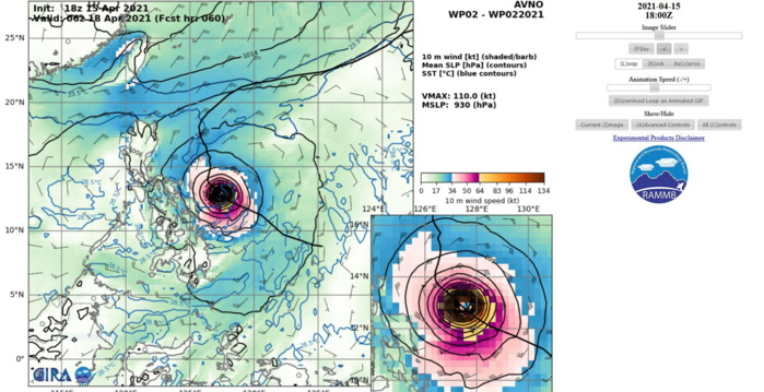 02W(SURIGAE). 15/18UTC. AVN INTENSITY GUIDANCE. PEAK INTENSITY AT +60H= 110KNOTS/930HPA. USUALLY THE ACTUAL PEAK INTENSITY IS ABOVE THE AVN SOLUTION.