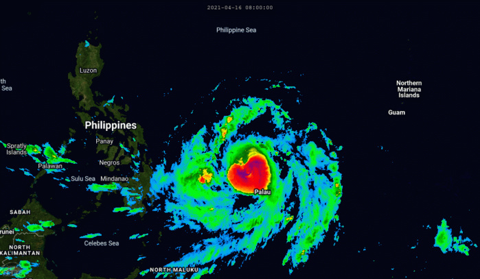 02W(SURIGAE). 16/14UTC. 6 HOUR LOOP.ANIMATED ENHANCED INFRARED SATELLITE IMAGERY REVEALS  AN EYE POPPING THROUGH THE CENTRAL CONVECTION.