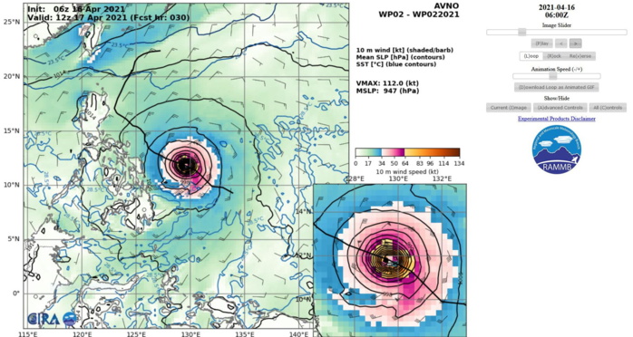 02W(SURIGAE). 16/06UTC. AVN INTENSITY GUIDANCE. PEAK INTENSITY AT +30H= 112KNOTS/947HPA. USUALLY THE ACTUAL PEAK INTENSITY IS ABOVE THE AVN SOLUTION.