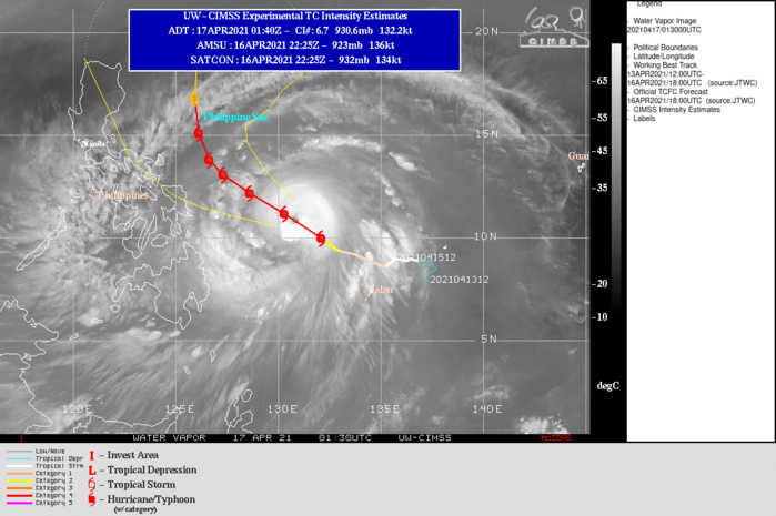 02W(SURIGAE). WARNING 15 ISSUED AT 17/03UTC.ENVIRONMENTAL ANALYSIS INDICATES ROBUST EQUATORWARD AND POLEWARD OUTFLOW, LOW VERTICAL WIND SHEAR, AND WARM (29-30 CELSIUS) SEA SURFACE TEMPERATURES CONTRIBUTING TO AN OVERALL FAVORABLE ENVIRONMENT FOR FURTHER DEVELOPMENT. TY 02W IS TRACKING TOWARDS A WEAKNESS IN THE SUBTROPICAL RIDGE (STR) CAUSED BY AN APPROACHING MID-LATITUDE TROUGH. TY 02W IS FORECAST TO TRACK NORTHWESTWARD AND CONTINUE TO INTENSIFY THROUGH 24H, REACHING A PEAK OF 130 KNOTS/SUPER TYPHOON CAT 4. AFTERWARDS, TRACK SPEED IS EXPECTED TO SLOW AS IT ENTERS A WEAK STEERING ENVIRONMENT AROUND 36H. BY 48H, A BUILDING STR TO THE EAST WILL TAKE OVER AS THE PRIMARY STEERING MECHANISM, TURNING TY 02W TO A NORTHWARD TRACK AS IT MOVES ALONG THE WESTERN PERIPHERY OF THE STR. AS IT BEGINS TO TRACK NORTH, THE DECREASING DIVERGENCE ALOFT WILL CAUSE THE SYSTEM TO SLOWLY WEAKEN.AFTER TAU 72, TY 02W WILL TRACK NORTHWARD ALONG THE WESTERN PERIPHERY OF THE STR. AS IT MOVES NORTH, THE ENVIRONMENT WILL SLOWLY BECOME LESS FAVORABLE AS UPPER LEVEL DIVERGENCE BEGINS TO SIGNIFICANTLY DECREASE BY 72H, LEADING TO THE SYSTEM WEAKENING TO 85 KNOTS/CAT 2 BY 120H. 02W(SURIGAE). WARNING 15 ISSUED AT 17/03UTC.ENVIRONMENTAL ANALYSIS INDICATES ROBUST EQUATORWARD AND POLEWARD OUTFLOW, LOW VERTICAL WIND SHEAR, AND WARM (29-30 CELSIUS) SEA SURFACE TEMPERATURES CONTRIBUTING TO AN OVERALL FAVORABLE ENVIRONMENT FOR FURTHER DEVELOPMENT. TY 02W IS TRACKING TOWARDS A WEAKNESS IN THE SUBTROPICAL RIDGE (STR) CAUSED BY AN APPROACHING MID-LATITUDE TROUGH. TY 02W IS FORECAST TO TRACK NORTHWESTWARD AND CONTINUE TO INTENSIFY THROUGH 24H, REACHING A PEAK OF 130 KNOTS/SUPER TYPHOON CAT 4. AFTERWARDS, TRACK SPEED IS EXPECTED TO SLOW AS IT ENTERS A WEAK STEERING ENVIRONMENT AROUND 36H. BY 48H, A BUILDING STR TO THE EAST WILL TAKE OVER AS THE PRIMARY STEERING MECHANISM, TURNING TY 02W TO A NORTHWARD TRACK AS IT MOVES ALONG THE WESTERN PERIPHERY OF THE STR. AS IT BEGINS TO TRACK NORTH, THE DECREASING DIVERGENCE ALOFT WILL CAUSE THE SYSTEM TO SLOWLY WEAKEN.AFTER TAU 72, TY 02W WILL TRACK NORTHWARD ALONG THE WESTERN PERIPHERY OF THE STR. AS IT MOVES NORTH, THE ENVIRONMENT WILL SLOWLY BECOME LESS FAVORABLE AS UPPER LEVEL DIVERGENCE BEGINS TO SIGNIFICANTLY DECREASE BY 72H, LEADING TO THE SYSTEM WEAKENING TO 85 KNOTS/CAT 2 BY 120H.