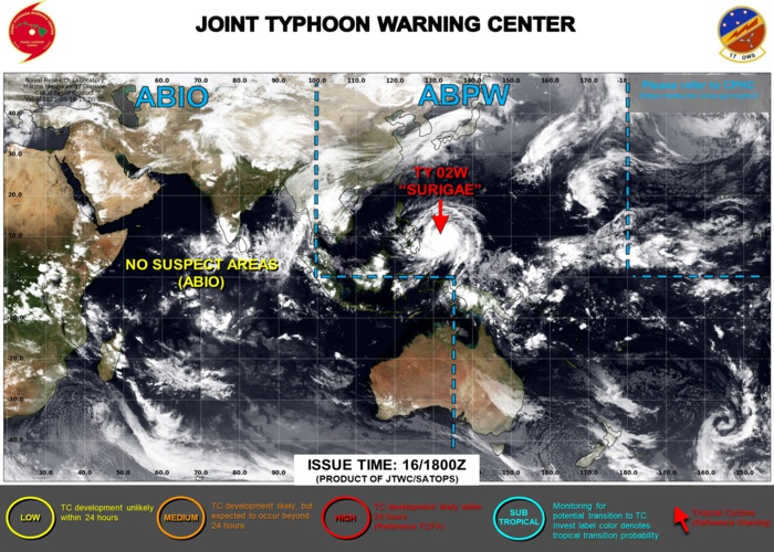 17/03UTC. THE JTWC HAS BEEN ISSUING 6HOURLY WARNINGS ON 02W(SURIGAE) AND 3HOURLY SATELLITE BULLETINS.