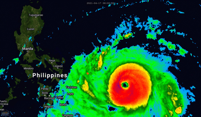 02W(SURIGAE). 17/14UTC. 6H LOOP. ANIMATED ENHANCED INFRARED SATELLITE IMAGERY SHOWS A HIGHLY-SYMMETRICAL SYSTEM WITH A CENTRAL  DENSE OVERCAST (CDO) THAT CONTINUED TO DEEPEN WHILE MAINTAINING A  SHARPLY OUTLINED 30-KM EYE. FEEDER BANDS HAVE SHORTENED AND THINNED  OUT AS THEY SPIRALED TIGHTER INTO THE CDO.