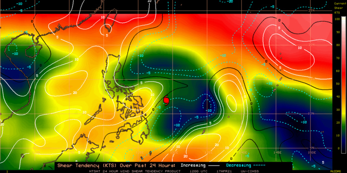 02W(SURIGAE). 02W(SURIGAE).24H SHEAR TENDENCY.UW-CIMSS Experimental Vertical Shear and TC Intensity Trend Estimates: CIMSS Vertical Shear Magnitude : 9.8 m/s (19.0 kts)Direction : 83.6deg Outlook for TC Intensification Based on Current Env. Shear Values and MPI Differential: NEUTRAL OVER 24H. 02W(SURIGAE). 02W(SURIGAE).24H SHEAR TENDENCY.UW-CIMSS Experimental Vertical Shear and TC Intensity Trend Estimates: CIMSS Vertical Shear Magnitude : 9.8 m/s (19.0 kts)Direction : 83.6deg Outlook for TC Intensification Based on Current Env. Shear Values and MPI Differential: NEUTRAL OVER 24H.