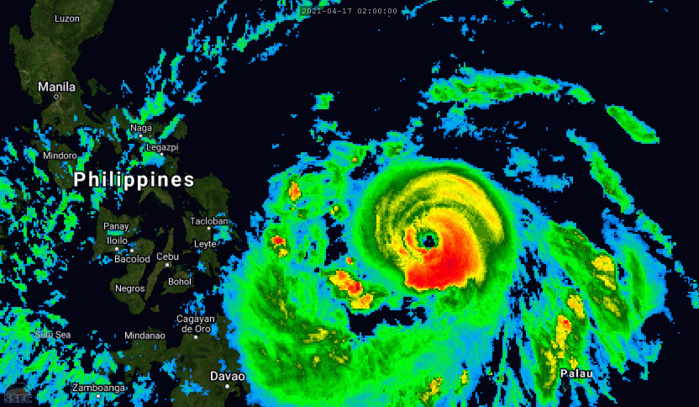 02W(SURIGAE). 18/01UTC. 23H ANIMATION. SUPER TYPHOON 02W REACHED AN ESTIMATED PEAK INTENSITY OF 165KNOTS/CAT 5 AT 17/18UTC. 02W IS THE STRONGEST SUPER TYPHOON SINCE 24W(HALONG) IN NOVEMBER 2019 WHICH ALSO PEAKED AT 165KNOTS. 02W IS THE MOST INTENSE APRIL TYPHOON WITHIN JTWC DATA SINCE AT LEAST 1959.OF NOTE SUPER TYPHOON 22W(GONI ) PEAK INTENSITY WAS ASSESSED AT 170KNOTS IN OCTOBER 2020 BUT THE OFFICIAL BEST TRACK HAS NOT BEEN VALIDATED UP-TO NOW.