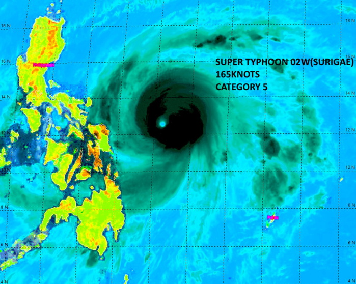 02W(SURIGAE).16/18UTC.CURRENT BEST TRACK(BEFORE RE-ANALYSIS) WITH SUSTAINED WINDS ABOVE 95KNOTS. 0221041618 100N1321E 115 0221041700 107N1311E 120 0221041706 113N1302E 140 0221041712 120N1292E 155 0221041718 126N1284E 165 0221041800 132N1277E 150