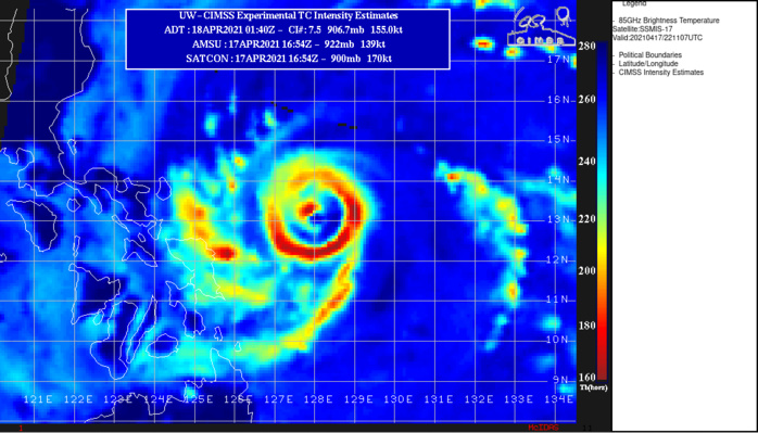 02W(SURIGAE). 17/2211UTC.A MOAT BEGAN TO FORM ON THE EASTERN PORTION OF THE EYEWALL INDICATED ON THIS 91GHZ MICROWAVE IMAGE, FURTHER EVIDENCED BY AN EYEWALL REPLACEMENT CYCLE(ERC) ON THE CIMSS M-PERC MODEL. 02W(SURIGAE). 17/2211UTC.A MOAT BEGAN TO FORM ON THE EASTERN PORTION OF THE EYEWALL INDICATED ON THIS 91GHZ MICROWAVE IMAGE, FURTHER EVIDENCED BY AN EYEWALL REPLACEMENT CYCLE(ERC) ON THE CIMSS M-PERC MODEL.