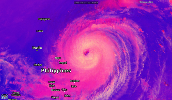 02W(SURIGAE). 19/0130UTC. 3H LOOP. ANIMATED MULTISPECTRAL SATELLITE IMAGERY INDICATES AN EXTREMELY INTENSE INVARIABLY SYMMETRICAL SYSTEM AND A CENTRAL DENSE OVERCAST MAINTAINING WELL-DEFINED ELONGATED 37KM EYE. CLICK TO ANIMATE IF NECESSARY.