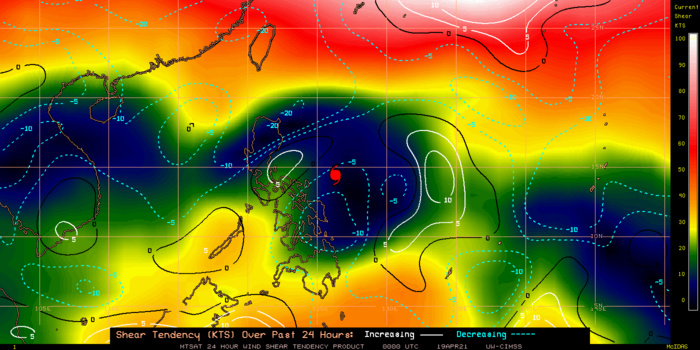 02W(SURIGAE). 02W(SURIGAE).24H SHEAR TENDENCY.UW-CIMSS Experimental Vertical Shear and TC Intensity Trend Estimates: CIMSS Vertical Shear Magnitude : 2.8 m/s (5.5 kts)Direction : 75.9deg Outlook for TC Intensification Based on Current Env. Shear Values and MPI Differential: VERY FAVOURABLE OVER 12H AND FAVOURABLE OVER 24H.