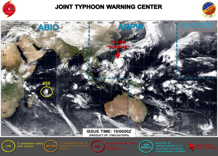 19/03UTC. THE JTWC HAS BEEN ISSUING 6HOURLY WARNINGS ON 02W(SURIGAE) AND 3HOURLY SATELLITE BULLETINS. OVER THE SOUTH IDNIAN OCEAN INVEST 95S IS NOW ON THE MAP ASSESSED AS HAVING LOW CHANCES OF REACHING 35KNOTS WITHIN THE NEXT 24HOURS.
