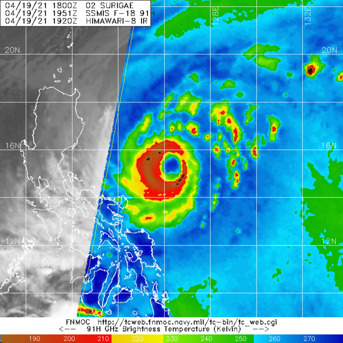02W(SURIGAE). 19/1951UTC.CONTINUES TO MAINTAIN A LARGE, CLEARLY-DEFINED  EYE OF 55 KM DIAMETER IN ANIMATED ENHANCED INFRARED (EIR) SATELLITE  IMAGERY. SOME EROSION OF DEEP CONVECTION IN THE INNER CORE HAS BEEN  NOTED OVER THE PAST SIX HOURS, PERIODICALLY CAUSING THE APPEARANCE  OF A DRY MOAT BETWEEN THE 55 KM EYEWALL AND A LARGER, OUTER RING OF  DEEP CONVECTION APPROXIMATELY 95 KM IN DIAMETER. THIS OUTER RING  APPEARS TO BE THE DOMINANT FEATURE IN THIS MICROWAVE IMAGE.