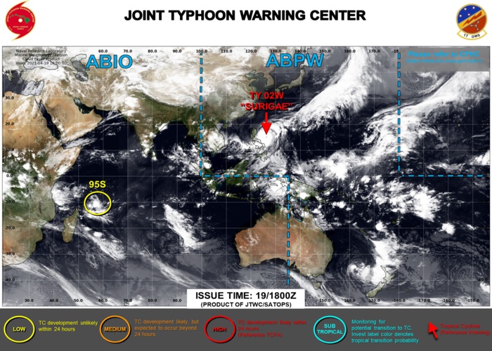 19/21UTC. THE JTWC HAS BEEN ISSUING 6HOURLY WARNINGS ON 02W(SURIGAE) AND 3HOURLY SATELLITE BULLETINS. OVER THE SOUTH IDNIAN OCEAN INVEST 95S IS STILL ASSESSED AS HAVING LOW CHANCES OF REACHING 35KNOTS WITHIN THE NEXT 24HOURS. 19/21UTC. THE JTWC HAS BEEN ISSUING 6HOURLY WARNINGS ON 02W(SURIGAE) AND 3HOURLY SATELLITE BULLETINS. OVER THE SOUTH IDNIAN OCEAN INVEST 95S IS STILL ASSESSED AS HAVING LOW CHANCES OF REACHING 35KNOTS WITHIN THE NEXT 24HOURS.