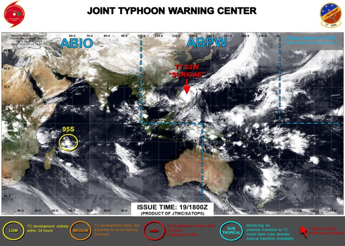 19/21UTC. THE JTWC HAS BEEN ISSUING 6HOURLY WARNINGS ON 02W(SURIGAE) AND 3HOURLY SATELLITE BULLETINS. OVER THE SOUTH IDNIAN OCEAN INVEST 95S IS STILL ASSESSED AS HAVING LOW CHANCES OF REACHING 35KNOTS WITHIN THE NEXT 24HOURS.