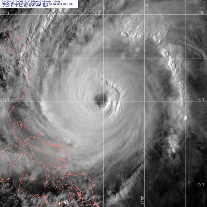 02W(SURIGAE). 20/0731UTC. DMSP VISIBLE.ANIMATED MULTISPECTRAL SATELLITE IMAGERY SHOWS THAT  TY SURIGAE CONTINUES TO MAINTAIN A ROUGHLY 55-KM WIDE EYE, THOUGH AT  LEAST IN THE VISIBLE AND INFRARED BANDS HAS BECOME SLIGHTLY MORE  RAGGED.