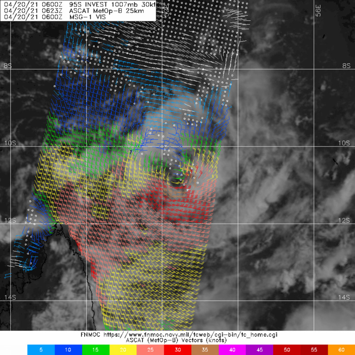 INVEST 95S. 20/0623UTC.ASCAT-B BULLSEYE PASS  SHOWS A WELL DEFINED LLCC AND AN ASYMMETRIC WIND FIELD, WITH 25-30KT  WINDS AND A RELATIVELY SMALLER AREA OF 30-35KT WINDS IN THE SOUTHERN  SEMICIRCLE. THE AFOREMENTIONED DATA LEND HIGH CONFIDENCE TO THE  ANALYSIS POSITION.