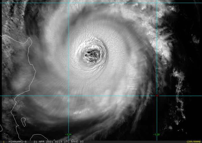 02W(SURIGAE). 21/0219UTC.SURIGAE CONTINUES TO EXHIBIT A LARGE 120 KM EYE WITH A WARM CENTER. THE ENCIRCLING COLD RING OF DEEP CONVECTION HAS WARMED SLIGHTLY IN RECENT HOURS. THE CORE REMAINS LARGELY SYMMETRIC, AS VERTICAL WIND SHEAR (VWS) CONTINUES TO STAY UNDER 10 KNOTS, THOUGH SOME INCREASING DEFORMITY IS NOTED IN THE WESTERN SEMICIRCLE, PERHAPS DUE TO A NEARBY DRY AIR MASS OVER LUZON. 02W(SURIGAE). 21/0219UTC.SURIGAE CONTINUES TO EXHIBIT A LARGE 120 KM EYE WITH A WARM CENTER. THE ENCIRCLING COLD RING OF DEEP CONVECTION HAS WARMED SLIGHTLY IN RECENT HOURS. THE CORE REMAINS LARGELY SYMMETRIC, AS VERTICAL WIND SHEAR (VWS) CONTINUES TO STAY UNDER 10 KNOTS, THOUGH SOME INCREASING DEFORMITY IS NOTED IN THE WESTERN SEMICIRCLE, PERHAPS DUE TO A NEARBY DRY AIR MASS OVER LUZON.