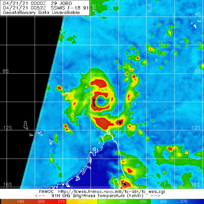 29S(JOBO). 21/0052UTC. MICROWAVE IMAGE SHOWED A RING OF DEEP CONVECTION ABOUT 95 KM IN DIAMETER WRAPPING AROUND 80% OF THE CIRCULATION, FORMING A WELL-DEFINED EYE- LIKE FEATURE. 29S(JOBO). 21/0052UTC. MICROWAVE IMAGE SHOWED A RING OF DEEP CONVECTION ABOUT 95 KM IN DIAMETER WRAPPING AROUND 80% OF THE CIRCULATION, FORMING A WELL-DEFINED EYE- LIKE FEATURE.