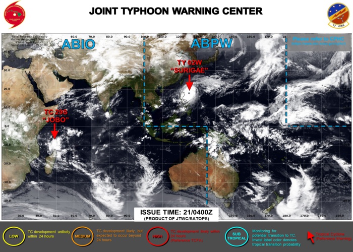 21/04UTC. THE JTWC IS ISSUING 6HOURLY WARNINGS ON 02W(SURIGAE AND 12HOURLY WARNINGS ON 29S(JOBO). 3HOURLY SATELLITE BULLETINS ARE ISSUED FOR BOTH SYSTEMS. 21/04UTC. THE JTWC IS ISSUING 6HOURLY WARNINGS ON 02W(SURIGAE AND 12HOURLY WARNINGS ON 29S(JOBO). 3HOURLY SATELLITE BULLETINS ARE ISSUED FOR BOTH SYSTEMS.