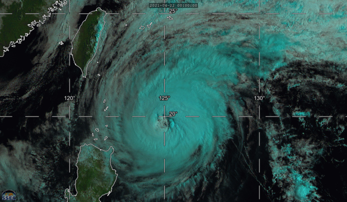 02W(SURIGAE). 22/0330UTC. 3H LOOP.ANIMATED MULTISPECTRAL SATELLITE IMAGERY SHOWS THE EYE HAS CONSTRICTED SLIGHTLY AND  IS BEGINNING TO BECOME CLOUD-FILLED. MSI STILL SHOWS A VIGOROUS AND  WELL-ORGANIZED SYSTEM WITH A 83KM EYE WHICH LENDS HIGH CONFIDENCE IN  THE INITIAL POSITION. ANIMATED ENHANCED INFRARED SATELLITE  IMAGERY SHOWS WARMING CLOUD TOPS AND AN EXPANDING CLOUD SHIELD THAT  IS BEGINNING TO STRETCH TO THE NORTHEAST AS SURIGAE FEELS THE  EFFECTS OF VIGOROUS UPPER LEVEL WESTERLIES. BASED ON THE SATELLITE  IMAGERY, THE SYSTEM IS ON A CLEAR WEAKENING TREND. BOTH SUBJECTIVE  AND AUTOMATED DVORAK ASSESSMENTS ARE IN GOOD AGREEMENT (PGTW T5.5,  RCTP T5.0, RJTD T5.5, KNES T5.0), LENDING HIGH CONFIDENCE IN THE 100  KNOTS/CAT3 INITIAL INTENSITY.