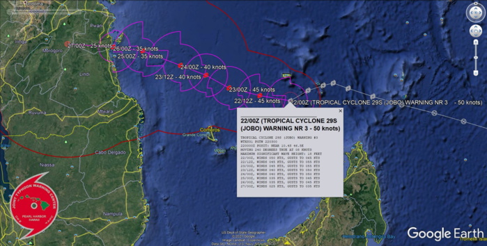 29S(JOBO). WARNING 3 ISSUED AT 22/03UTC.THE SYSTEM IS TRACKING DIRECTLY UNDERNEATH THE SUBTROPICAL RIDGE IN AN AREA OF WEAK STEERING AND  MODERATE (20-25 KTS) VERTICAL WIND SHEAR. DESPITE THIS MODERATE VWS  AND CONVERGENT FLOW ALOFT, THE SYSTEM IS TRACKING OVER VERY  FAVORABLE 29 DEGREE CELSIUS SEA SURFACE TEMPERATURES. TC JOBO WILL  CONTINUE TO TRACK GENERALLY WESTWARD THROUGH THE REMAINDER OF THE  FORECAST PERIOD. DESPITE LOWER AND MORE FAVORABLE VWS AFTER 24H,  CONTINUED CONVERGENT FLOW ALOFT WILL HINDER INTENSIFICATION. OF  NOTE, THE POSSIBILITY EXISTS THAT TC JOBO WILL INTENSIFY JUST PRIOR  TO LANDFALL. THIS SCENARIO IS CAPTURED IN THE MESOSCALE HWRF  SOLUTION NEAR 96H; HOWEVER, IT IS NOT REFLECTED IN ANY OTHER  MEMBERS OF THE ICNW CONSENSUS. 29S (JOBO) WILL  MOVE ASHORE OVER MOZAMIBIQUE JUST AFTER 96H AND SUBSEQUENTLY  DISSIPATE OVER LAND BY 120H.