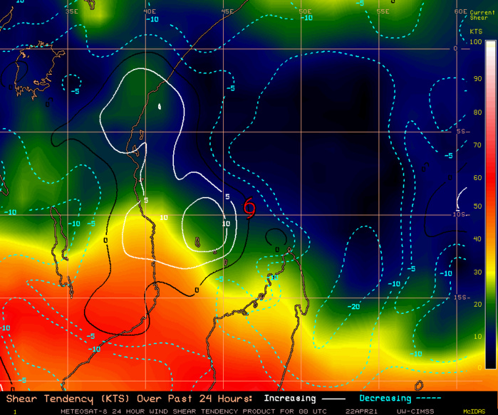 29S(JOBO). 24H SHEAR TENDENCY.UW-CIMSS Experimental Vertical Shear and TC Intensity Trend Estimates: CIMSS Vertical Shear Magnitude : 5.4 m/s (10.5 kts)Direction : 306.7deg Outlook for TC Intensification Based on Current Env. Shear Values and MPI Differential: FAVOURABLE OVER 24H .