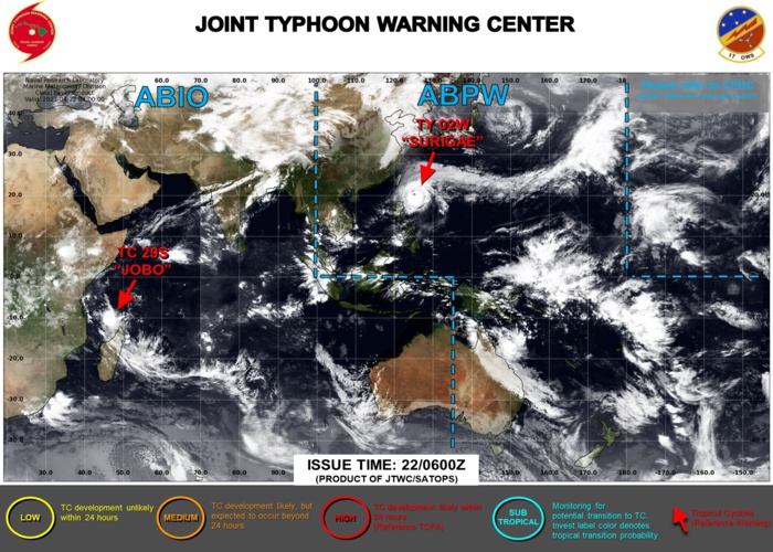 22/06UTC. THE JTWC IS ISSUING 6HOURLY WARNINGS ON 02W(SURIGAE AND 12HOURLY WARNINGS ON 29S(JOBO). 3HOURLY SATELLITE BULLETINS ARE ISSUED FOR BOTH SYSTEMS. 22/06UTC. THE JTWC IS ISSUING 6HOURLY WARNINGS ON 02W(SURIGAE AND 12HOURLY WARNINGS ON 29S(JOBO). 3HOURLY SATELLITE BULLETINS ARE ISSUED FOR BOTH SYSTEMS.