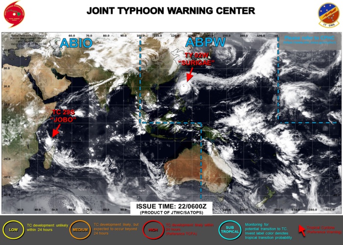 22/06UTC. THE JTWC IS ISSUING 6HOURLY WARNINGS ON 02W(SURIGAE AND 12HOURLY WARNINGS ON 29S(JOBO). 3HOURLY SATELLITE BULLETINS ARE ISSUED FOR BOTH SYSTEMS.