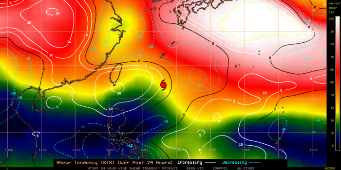 02W(SURIGAE). TY SURIGAE HAS TRACKED INTO A ZONE OF HIGH VERTICAL WIND SHEAR AND FALLING SEA  SURFACE TEMPERATURES AS IT MOVES ALONG THE PERIPHERY OF A  SUBTROPICAL RIDGE TO THE SOUTHEAST.