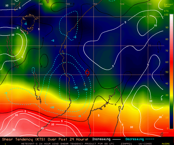 29S(JOBO).29S(JOBO). 24H SHEAR TENDENCY.UW-CIMSS Experimental Vertical Shear and TC Intensity Trend Estimates: CIMSS Vertical Shear Magnitude : 5.4 m/s (10.4 kts)Direction : 281.9deg Outlook for TC Intensification Based on Current Env. Shear Values and MPI Differential: FAVOURABLE OVER 24H .