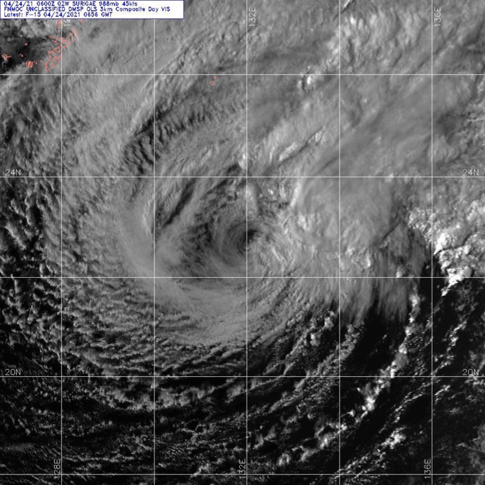02W(SURIGAE). 24/0656UTC.ANIMATED MULTISPECTRAL SATELLITE IMAGERY (MSI) DEPICTS A BROAD, FULLY EXPOSED LOW LEVEL CIRCULATION CENTER (LLCC), WITH DISORGANIZED CONVECTION FIRING IN THE UNSTABLE EAST AND NORTHEAST QUADRANTS. 02W(SURIGAE). 24/0656UTC.ANIMATED MULTISPECTRAL SATELLITE IMAGERY (MSI) DEPICTS A BROAD, FULLY EXPOSED LOW LEVEL CIRCULATION CENTER (LLCC), WITH DISORGANIZED CONVECTION FIRING IN THE UNSTABLE EAST AND NORTHEAST QUADRANTS.