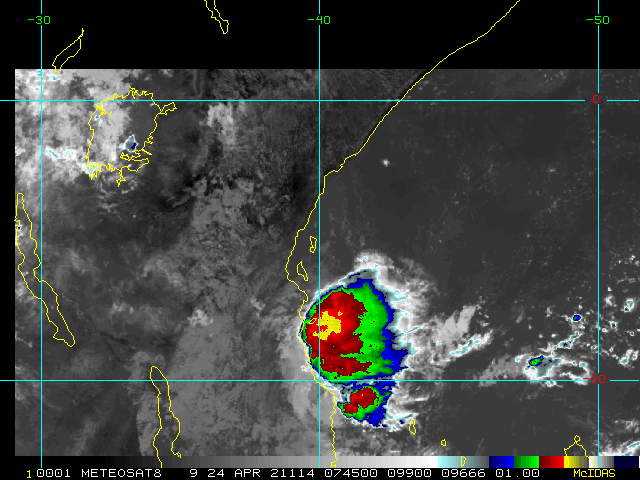 29S(JOBO). 24/0745UTC.ANIMATED MULTISPECTRAL  SATELLITE IMAGERY (MSI) SHOWS THAT DISORGANIZED CONVECTION HAS  FLARED UP OVER THE PAST SIX HOURS, REFORMING OVER AND JUST EAST OF  THE ASSESSED LOW LEVEL CENTER (LLC), INDICATIVE OF A SLIGHT  RELAXATION IN THE SHEAR ENVIRONMENT.