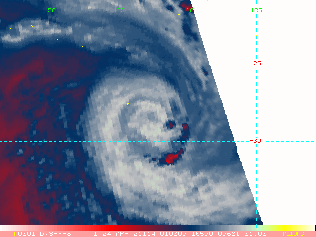 INVEST 96P. 24/0103UTC. THE SYSTEM IS CURRENTLY CLASSIFIED AS A SUBTROPICAL STORM, GENERALLY CHARACTERIZED AS HAVING BOTH TROPICAL AND MIDLATITUDE CYCLONE FEATURES. ANIMATED ENHANCED INFRARED SATELLITE IMAGERY AND ANIMATED WATER VAPOR LOOP INDICATES THE SYSTEM IS LOCATED DIRECTLY UNDER A BROAD UPPERLEVEL COLD CORE LOW. A 240234Z SSMIS 91GHZ IMAGE REVEALS FORMATIVE, SPIRAL BANDING WRAPPING INTO A LOW LEVEL CIRCULATION (LLC) WITH DEEP CONVECTION IN THE NORTHWEST AND SOUTHEAST PERIPHERIES. ENVIRONMENTAL ANALYSIS FOR INVEST 96P INDICATES A HOSTILE ENVIRONMENT, NOT CONDUCIVE FOR TROPICAL DEVELOPMENT DUE TO CONVERGENCE ALOFT AND COOL (25-26 CELSIUS) SEA SURFACE TEMPERATURES. GLOBAL MODELS SHOW A GENERAL SOUTHWARD TRACK WITH MINIMAL INTENSIFICATION OVER THE NEXT 24-36 HOURS. INVEST 96P. 24/0103UTC. THE SYSTEM IS CURRENTLY CLASSIFIED AS A SUBTROPICAL STORM, GENERALLY CHARACTERIZED AS HAVING BOTH TROPICAL AND MIDLATITUDE CYCLONE FEATURES. ANIMATED ENHANCED INFRARED SATELLITE IMAGERY AND ANIMATED WATER VAPOR LOOP INDICATES THE SYSTEM IS LOCATED DIRECTLY UNDER A BROAD UPPERLEVEL COLD CORE LOW. A 240234Z SSMIS 91GHZ IMAGE REVEALS FORMATIVE, SPIRAL BANDING WRAPPING INTO A LOW LEVEL CIRCULATION (LLC) WITH DEEP CONVECTION IN THE NORTHWEST AND SOUTHEAST PERIPHERIES. ENVIRONMENTAL ANALYSIS FOR INVEST 96P INDICATES A HOSTILE ENVIRONMENT, NOT CONDUCIVE FOR TROPICAL DEVELOPMENT DUE TO CONVERGENCE ALOFT AND COOL (25-26 CELSIUS) SEA SURFACE TEMPERATURES. GLOBAL MODELS SHOW A GENERAL SOUTHWARD TRACK WITH MINIMAL INTENSIFICATION OVER THE NEXT 24-36 HOURS.