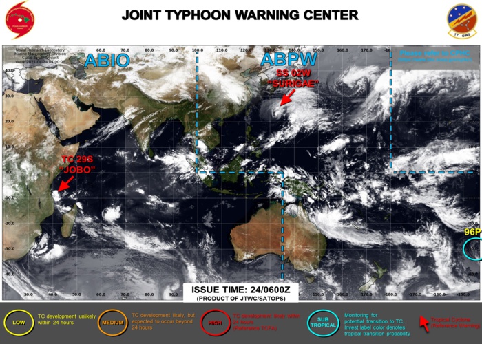 24/06UTC. THE JTWC IS ISSUING 6HOURLY WARNINGS ON 02W(SURIGAE) AND 12HOURLY WARNINGS ON 29S(JOBO). 3HOURLY SATELLITE BULLETINS ARE ISSUED FOR BOTH SYSTEMS. INVEST 96P(35KNOT SUSTAINED WINDS) IS ANALYZED AS A SUBTROPICAL SYSTEM HAVING LOW CHANCES OF TRANSITIONING INTO A TROPICAL SYSTEM.