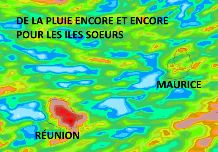 Accumulation de précipitations simulée par le modèle Arôme depuis 4heures ce Mardi jusqu'à 16heures Mercredi. La zone des ILES SOEURS est largement concernée avec les régions les plus exposées aux forts cumuls que sont une large moitié orientale de la RÉUNION et localement à MAURICE les hauteurs du Plateau Central et peut-être ponctuellement le Nord. MCIEL.MÉTÉO FRANCE.