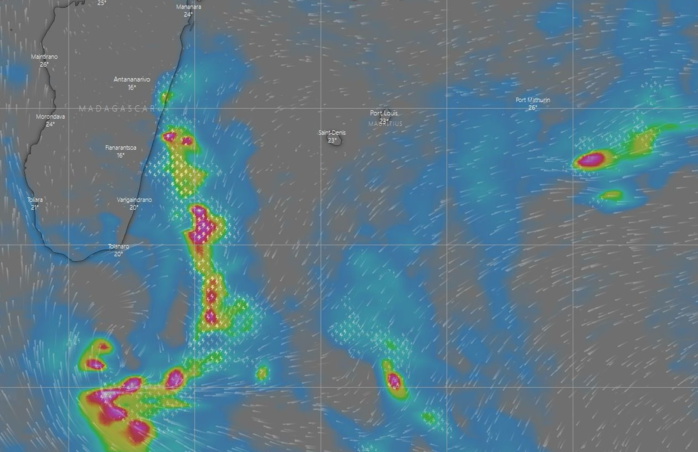 Une dépression se creuse à moins de 500km du Sud de MADA. Elle génère une instabilité orageuse marquée remontant vers le Sud-Est de la Grande Ile. Au cours de la journée la dépression va se décaler ver le Sud-Ouest. Demain l'activité pluvio-orageuse va fluctuer au large de MADA mais persistera et d'ici Mercredi la tendance orageuse devrait progresser vers l'Est tout en faiblissant un peu. Une évolution pluvio-orageuse est possible Jeudi et Vendredi pour la zone des ILES SOEURS. A confirmer. Windy.