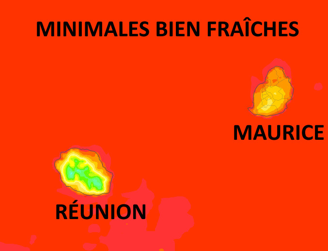 Les températures minimales sous abri sont assez nettement inférieures aux normales de saison. Le soleil de la journée compense et maintient les maximales à des niveaux plus proches des normales. La nuit de Samedi à Dimanche pourrait être encore un peu plus fraîche que la précédente sur les ILES SOEURS. Arome/MFRANCE. MCIEL.